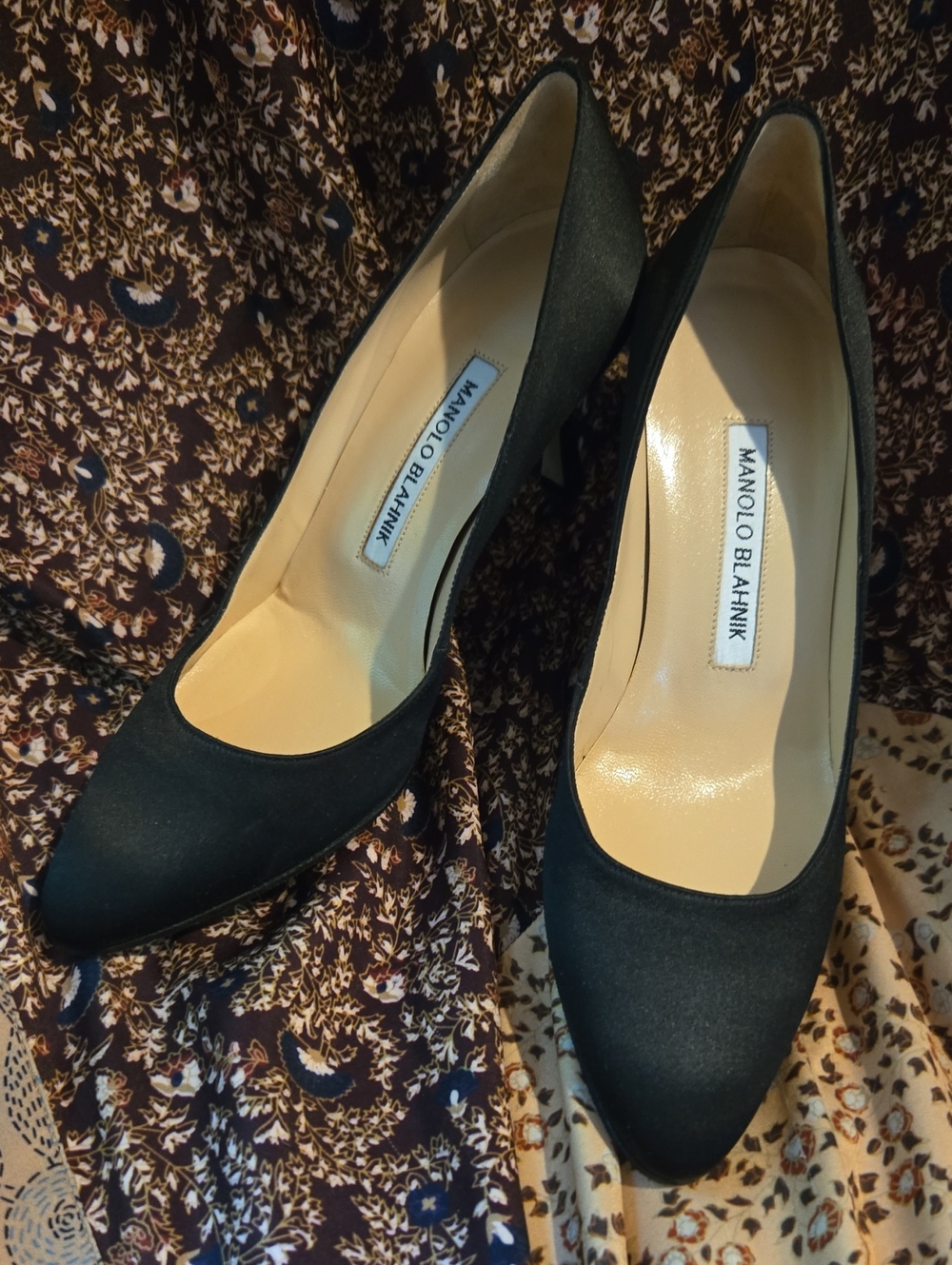 Manolo Blahnik Black Satin Pointed Pumps
